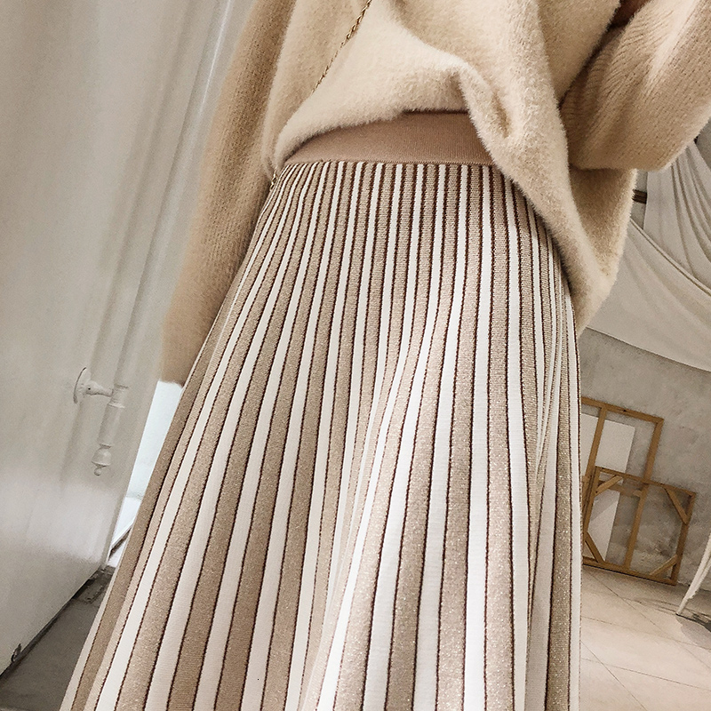 Mishow knitted skirts female 2018 Mid Calf Solid Mid Waist casual elastic ladies A Line skirt MX18D1868 V191202
