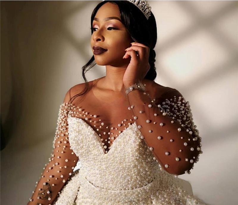 Pearls Overskirt Gorgeous Wedding Dresses Sheer Bateau Neck Long Sleeves Bridal Gowns A Line Sweep Train Sequined Robe De Marie