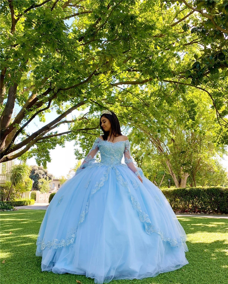 2020 New Arrival Ball Gown Sky Blue Lace Beaded Quinceanera Prom Dresses V-neck Long Sleeves Tulle Evening Party Sweet 16 Dresses QC1488
