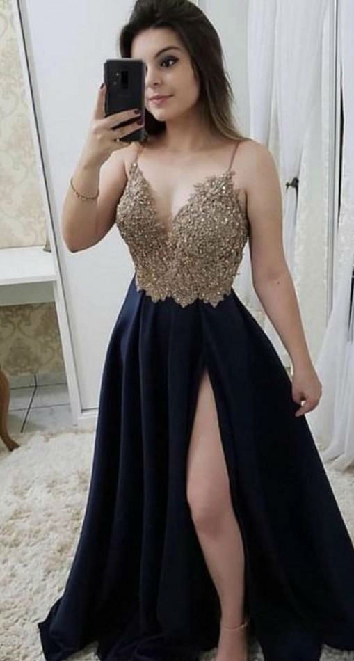 2019 Shiny Beaded Prom Dresses Spaghetti Straps Sexy Thigh High Slits Satin Evening Gowns Cocktail Party Dresses Vestido De Fiesta