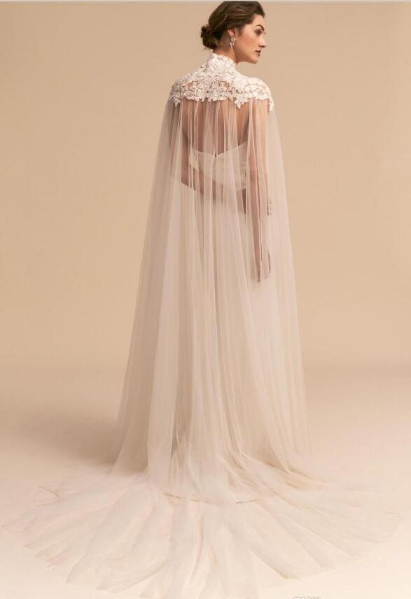 2019 Newest Tulle Long High Neck Wedding Cape Lace Jacket Bolero Wrap White Ivory Women Bridal Accessories covered buttons Custom Made