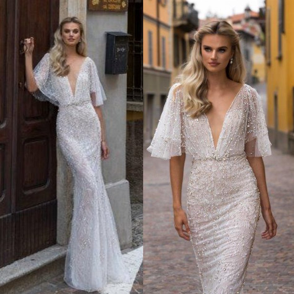 2020 Julie Vino Wedding Dresses Deep V Neck Short Sleeve Beads Pearls Lace Mermaid Wedding Dresses Sweep Train Bridal Gowns