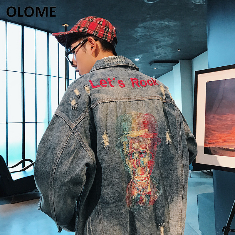 Punk cool cowboy embroidered jacket youth autumn clothes washed holes men's jeans jacket skull, Blue
Punk cool cowboy embroidered jacket youth autumn clothes washed holes men's jeans jacket skull, Blue