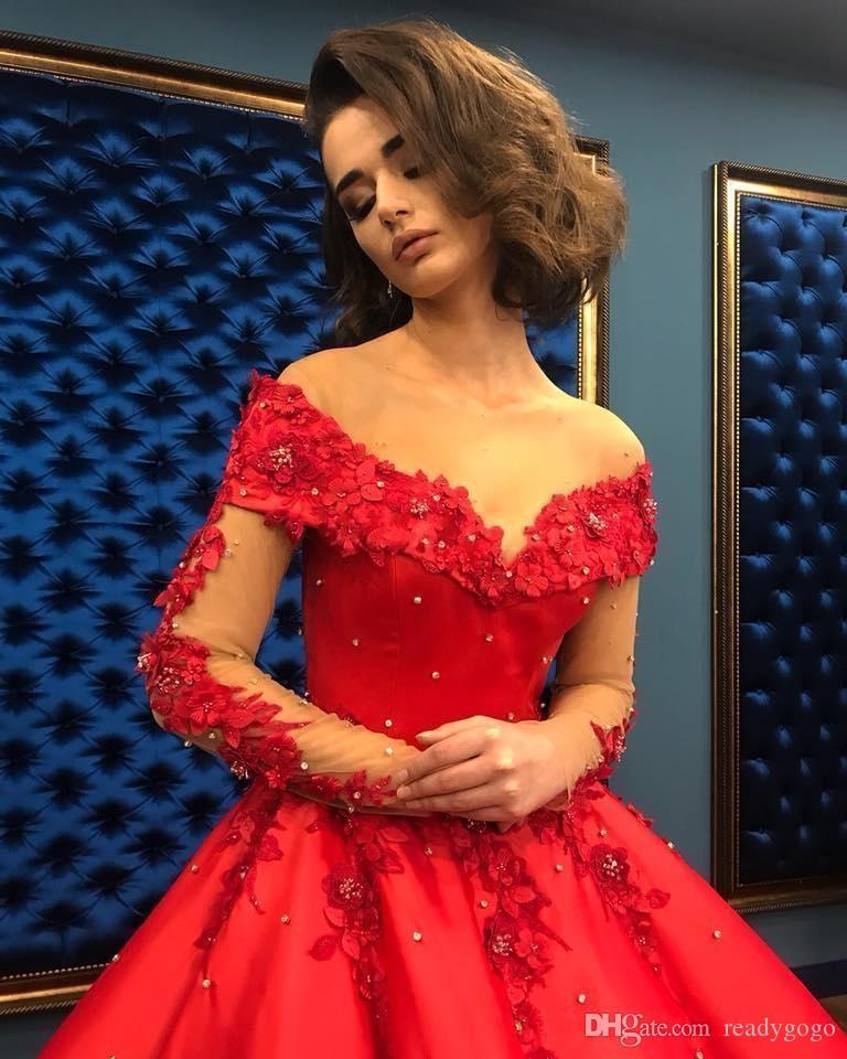 Red Elegant Ball Gown Quinceanera Dresses Lace Applique Off Shoulder Long Sleeve Puffy Skirt Arabic Dubai Evening Gowns Vestidos 15 anos