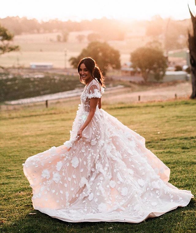 Champagne Wedding Dresses Boho V Neck Lace 3D Floral Appliques A Line Country Bridal Gowns Sweep Train Custom Made Beach Wedding Dress