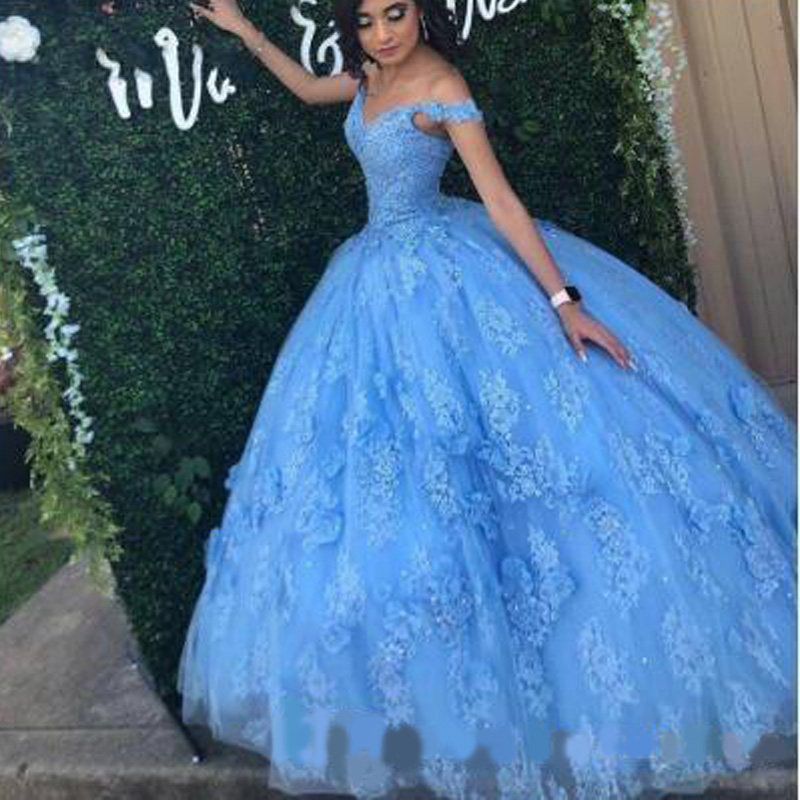 Bahama Blue Floral Lace Sweet 16 Dresses Ball Gowns Prom Off Shoulder Lace Beaded Hand Made Flowers Quinceanera Dress Sweet 15 Girls