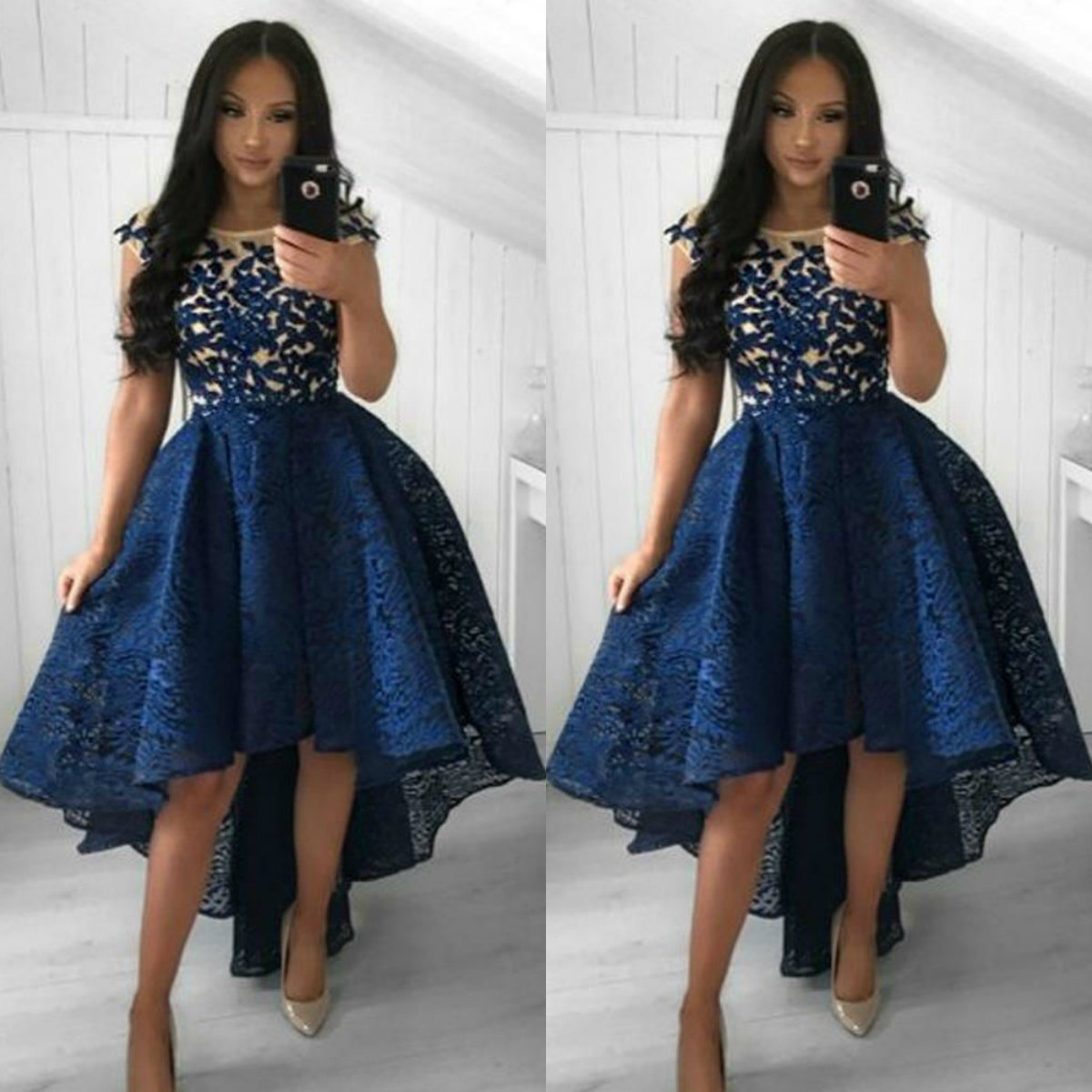 2019 Hi Lo Prom Dresses Sheer Neck Lace Cap Sleeves Short Evening Gowns Custom Made Girls Homecoming Graduation Dresses