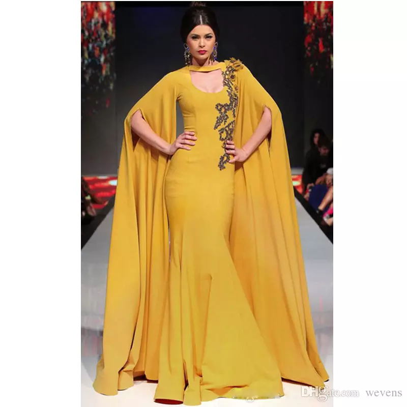 arabic mermaid evening dresses with cape jewel neck with 3d floral beaded formal prom dress sweep train satin dubai red carpet gowns