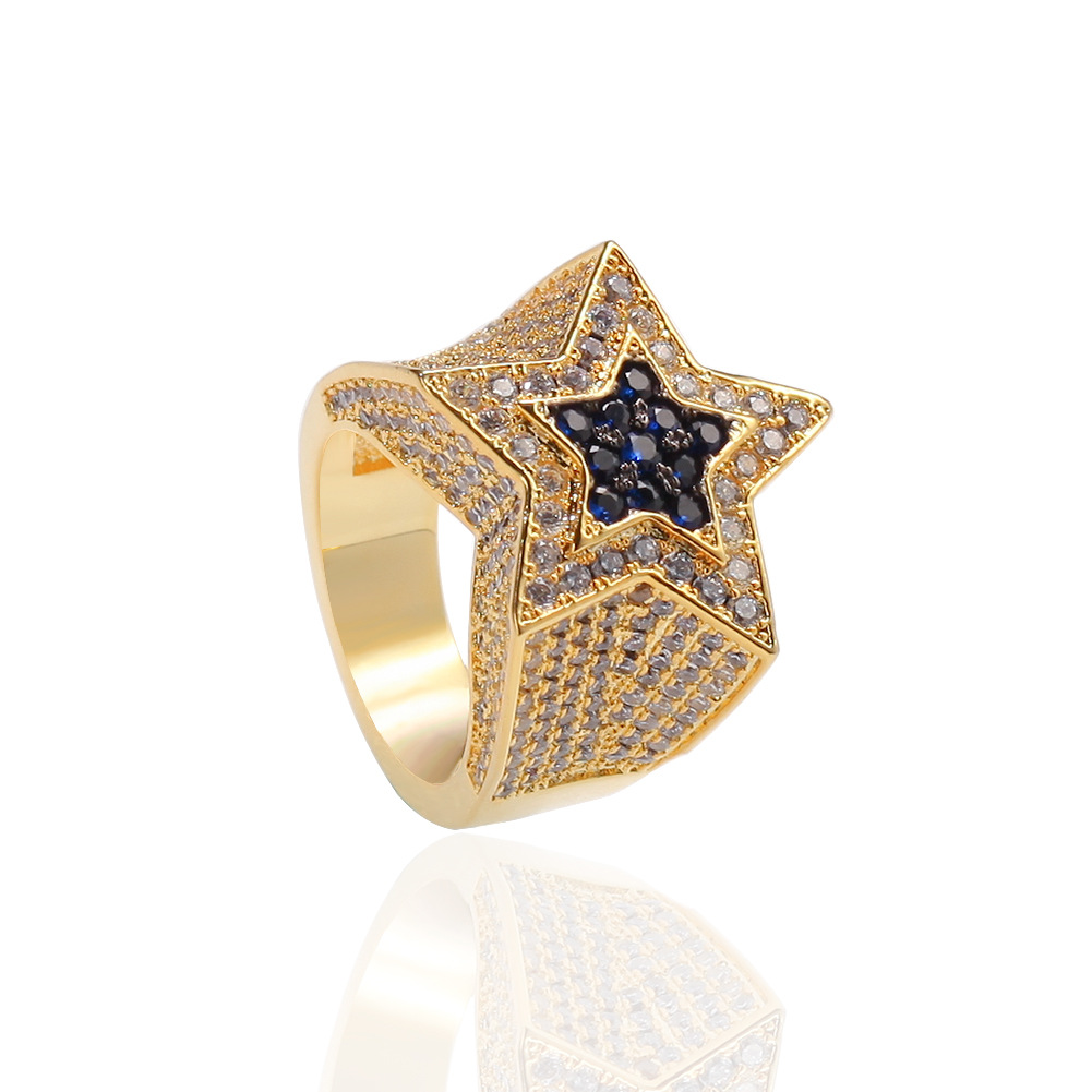 Wholesale-Men's Zircon Star Ring Sapphire Pentagon Ring Euramerican Hip Hop Fashion Accessories Copper Zircon