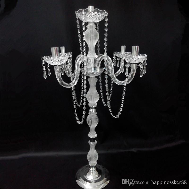90 cm height Acrylic 5-arms metal candelabras with crystal pendants wedding candle holder centerpiece party decor XJ260305