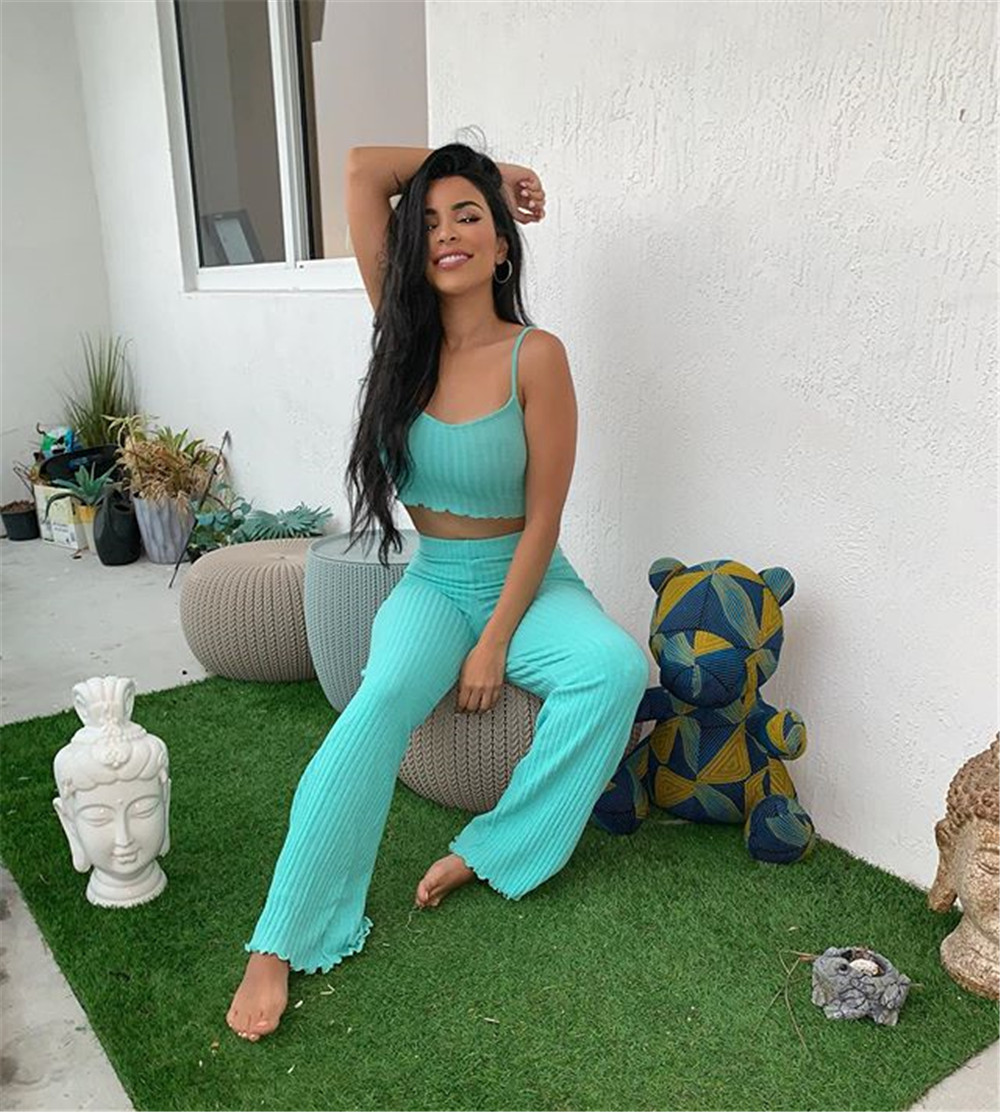 KGFIGU Ribbed two piece set 2019 Summer crop tops and wide leg pants casual knitting matching sets womens clothing T200116