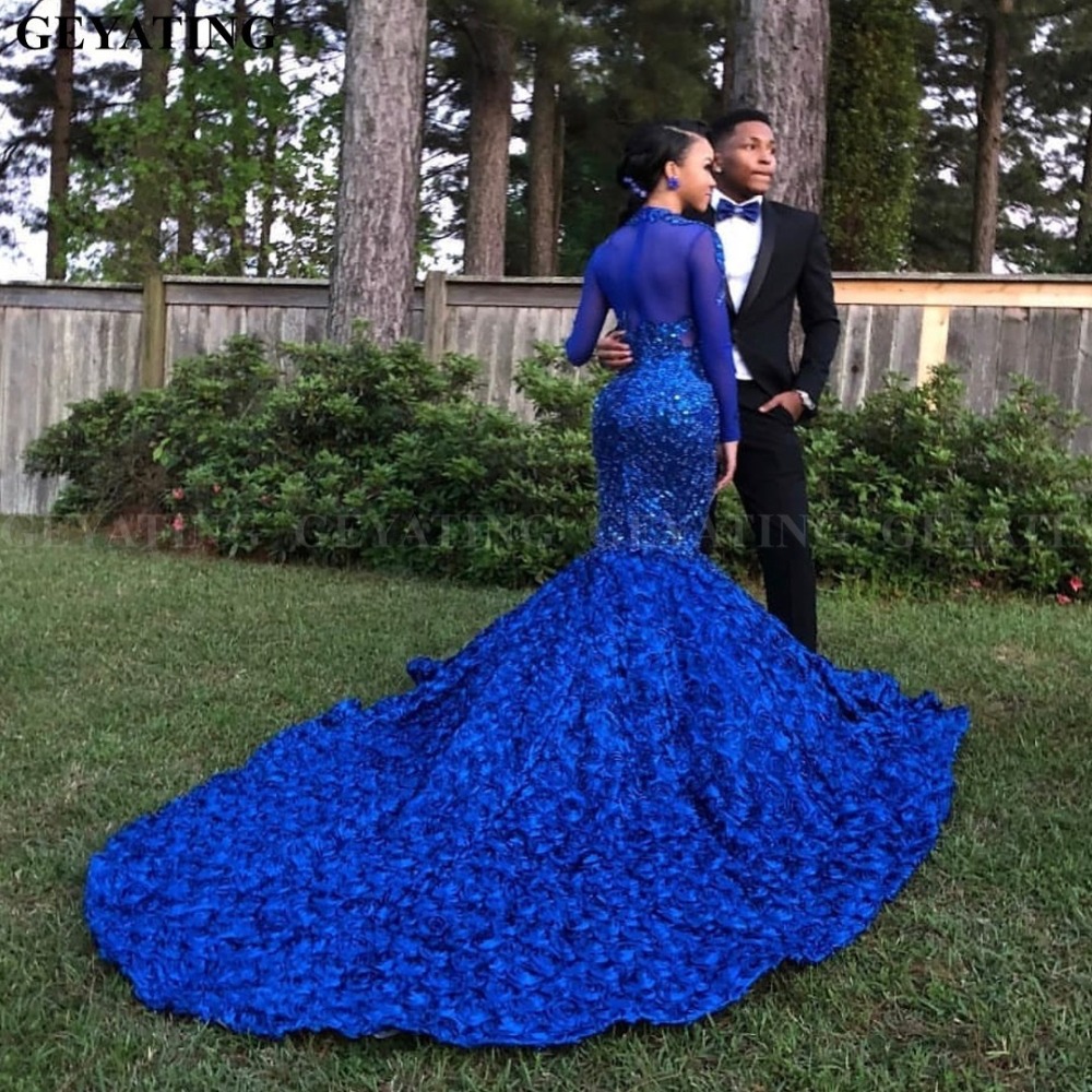 3D Flower Mermaid Royal Blue African Prom Dress Long Sleeves Chapel Train burgundy Beaded Crystal Plus Size Evening Graduation Party Dress
