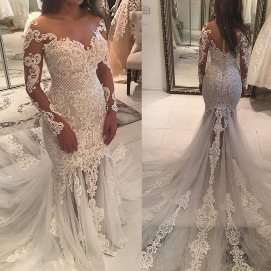 2025 Vintage Lace Mermaid Wedding Dresses Arabic Long Sleeve Sheer Illusion Bridal Gowns Hot Sale Vestidos De Novia