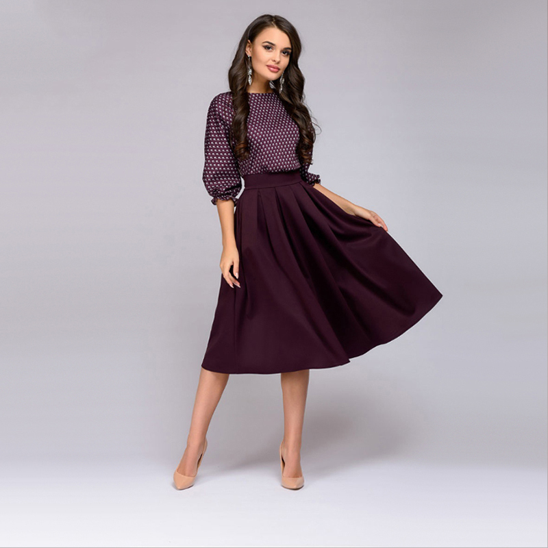 Autumn Vintage Lantern Sleeve Printing Dress Women 2018 Elegant Casual O-Neck Half Sleeves A-Line Dress Mid-Calf Party Dresses Y19012102