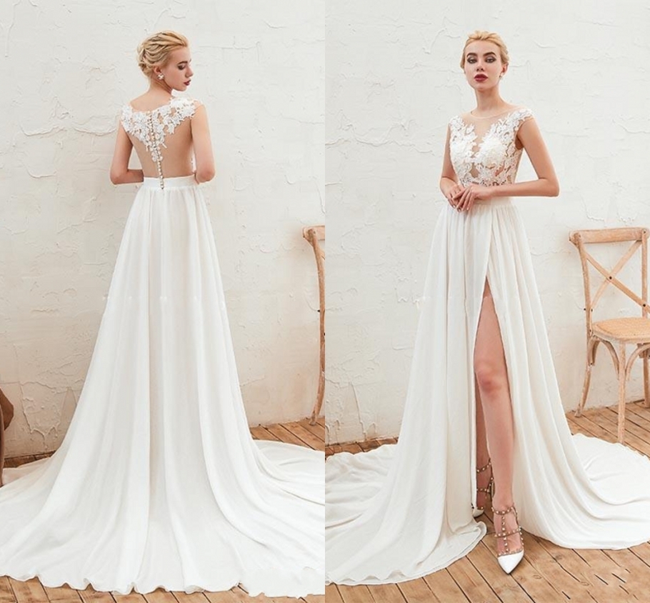 Modest Lace Chiffon Wedding Dresses 2020 With High Split Sleeveless Appliques Buttons Back Illusion Country Bridal Gowns vestidos de noiva