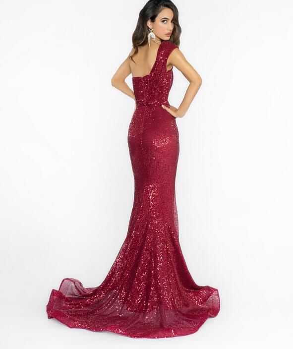 2020 Glitter Mermaid Evening Dresses One Shoulder Sequins Sleeveless Prom Gown Open Back Ruffle Sweep Train Custom Made Formal Party Gown