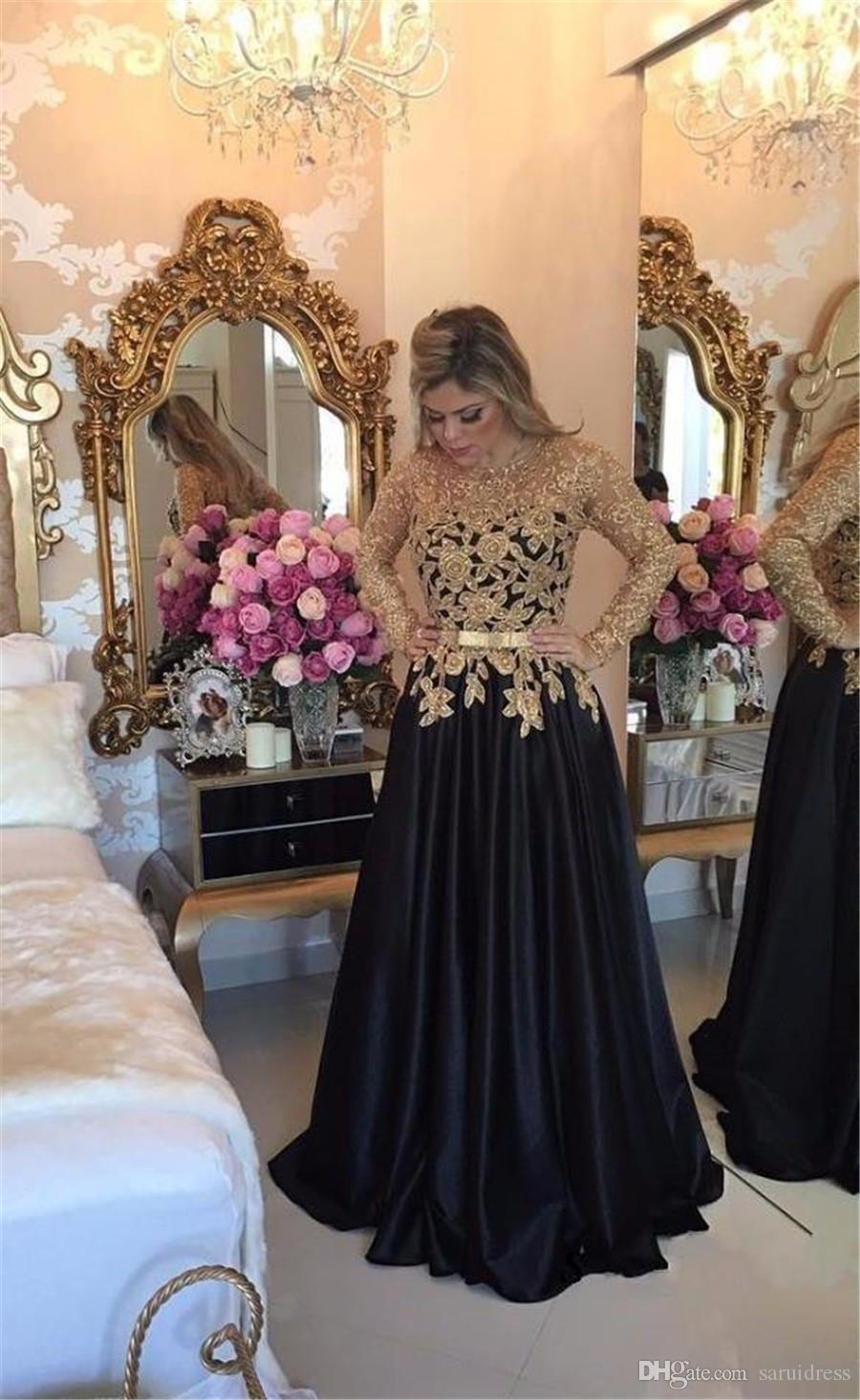 Elegant Black Gold Applique Beads Satin A Line Evening Dresses Long Sleeves Floor Length Formal Dress Evening Party Prom Dresses Long