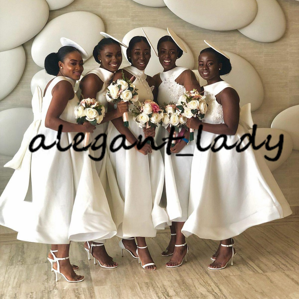 Tea-length Stain Bridesmaid Dresses with Bow 2020 African Halter Lace Sequins Plus Size Beach wedding guest gown Vestidos De Fie