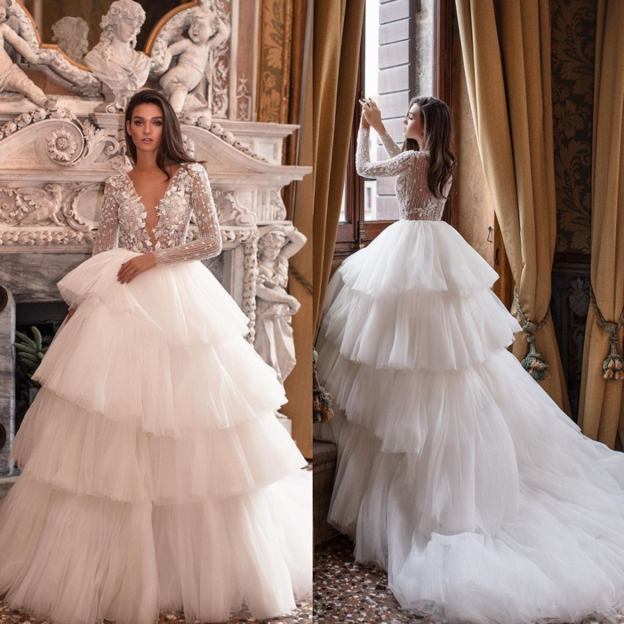 Lace Tiered Stunning Wedding Dresses Sheer Deep V Neck Long Sleeves Bridal Gowns Beading A Line Sweep Train Tulle Robe De Marie