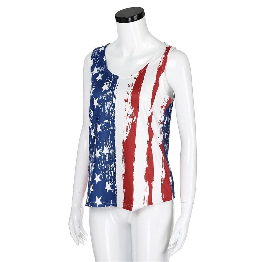 Summer Fashion Patriotic Stripes Star American Flag Print Blouse Casual Ladies Tank Vest Tee Tops Female Women Sleeveless Shirt B4