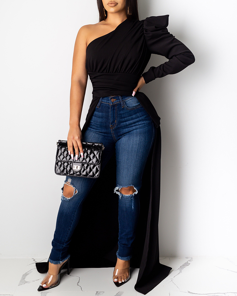 2020 Spring Elegant Solid One Shoulder Dip Hem Blouse Women Long Sleeve Skew Collar Asymmetrical Casual Blouses Tops T200321