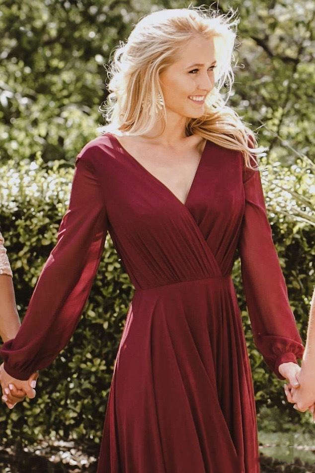 Romantic Bohemian Bridesmaid Long Sleeve Boho Wedding Guest Dress Chiffon Gowns Maid Of Honor Dresses For Weddings V Neck Plus Size 0510