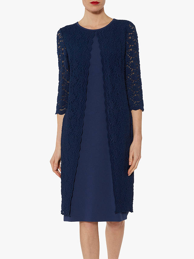 2019 Navy Knee Length Mother of Bride Dresses Jewel Neck Lace Jacket Plus Size Suits Appliques Elegant Wedding Guest Dresses