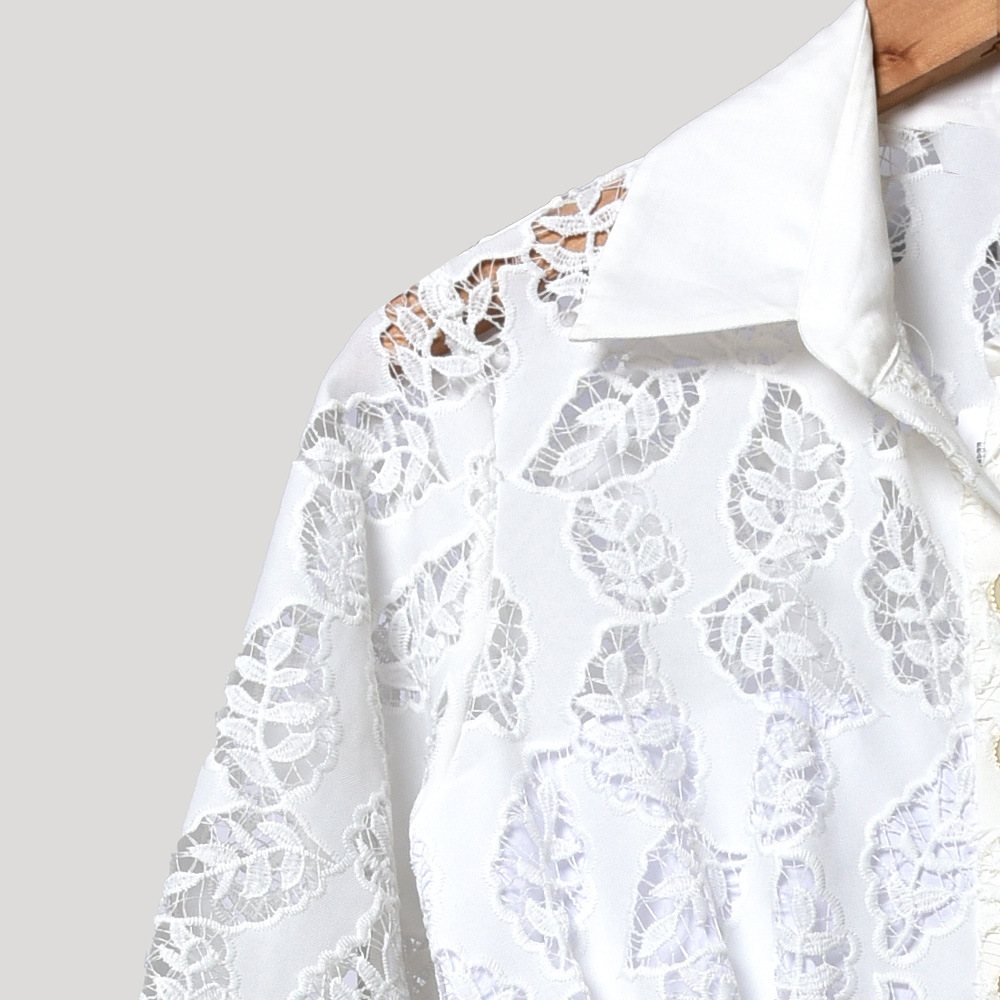 2020 Spring Summer 4/5 Sleeve Lapel Neck White Floral Print Embroidery Buttons Mid-Calf Dress Women Fashion Dresses W1815068