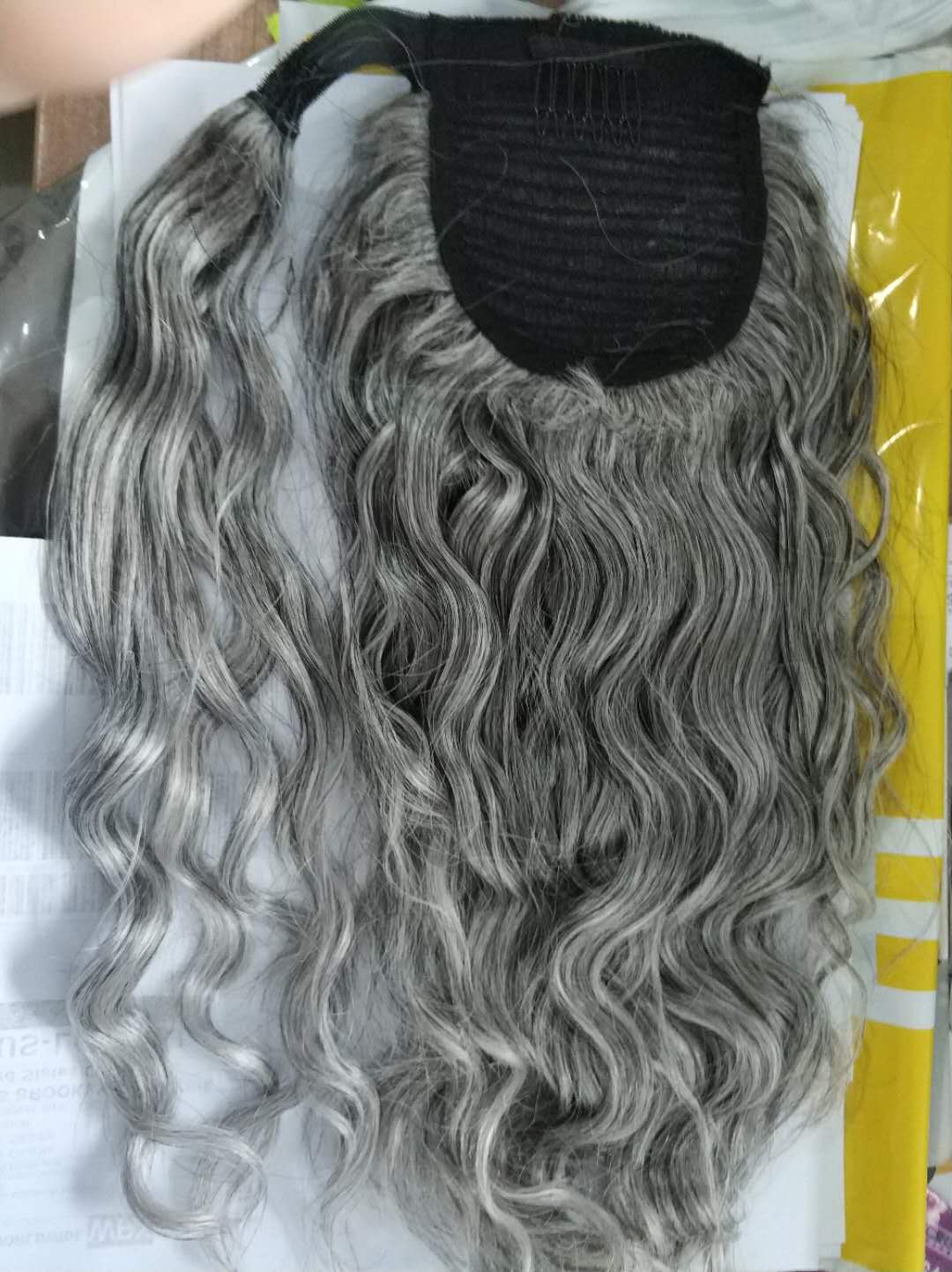 Fashion new grey wavy human hair pony tail wraps loose wavy gray drawstring clip in ponytail hairpiece 100g 120g free ship