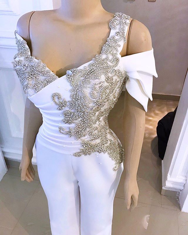 White Prom Jumpsuit with Crystal Detailing and Detachable Side Peplum Tail Off shoulder Mermaid Evening Gown Pant Suit