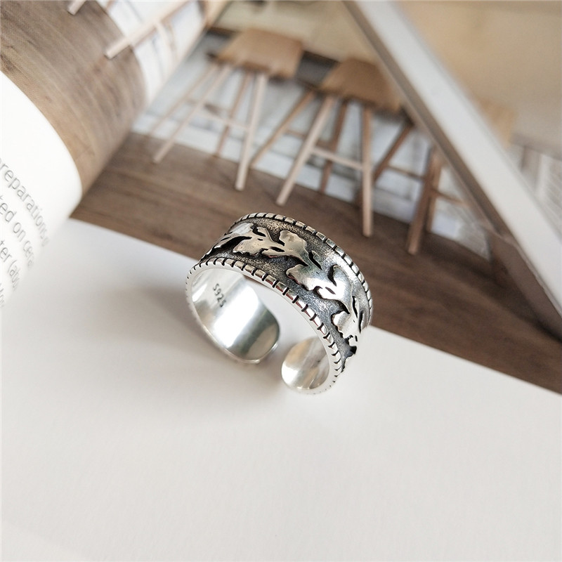 New Vintage Style 925 Sterling Silver Leaf Open Rings For Women Retro Wide Open Statement Ring Fine Jewelry