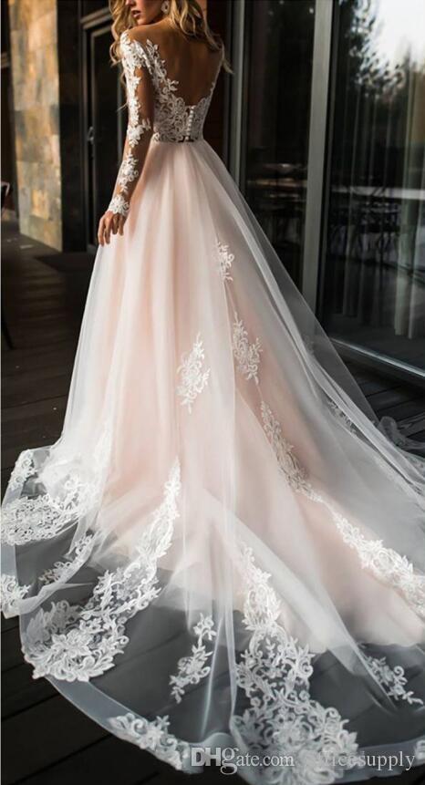 Lace Elegant White Wedding Dresses New Sheer Applique Illusion Long Sleeves Backless Tulle with Button Bridal Gowns Robe De Marie