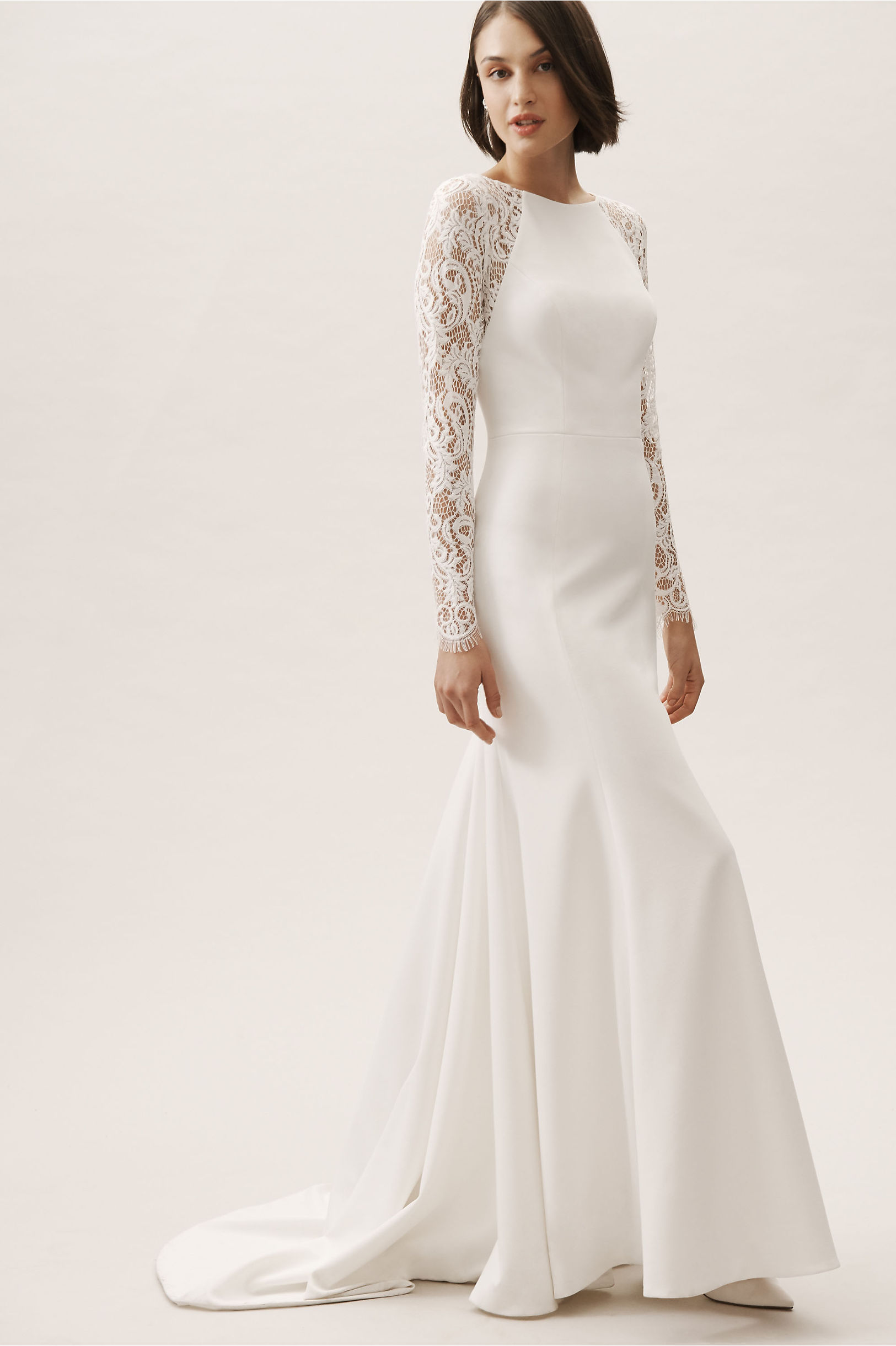 BHLDN Mermaid Dresses Jewel Neck Long Sleeves Satin Sweep Train Plus Size Wedding Dress Custom Made Beach Bridal Gowns