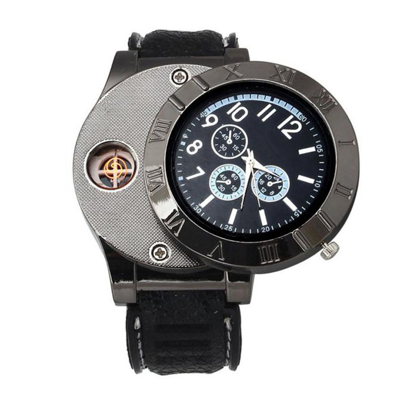 New USB Charge Lighter Watch Windproof Electronic Flameless Lighter Watches Men Watches Quartz Watches Clock relogio masculino LY191226