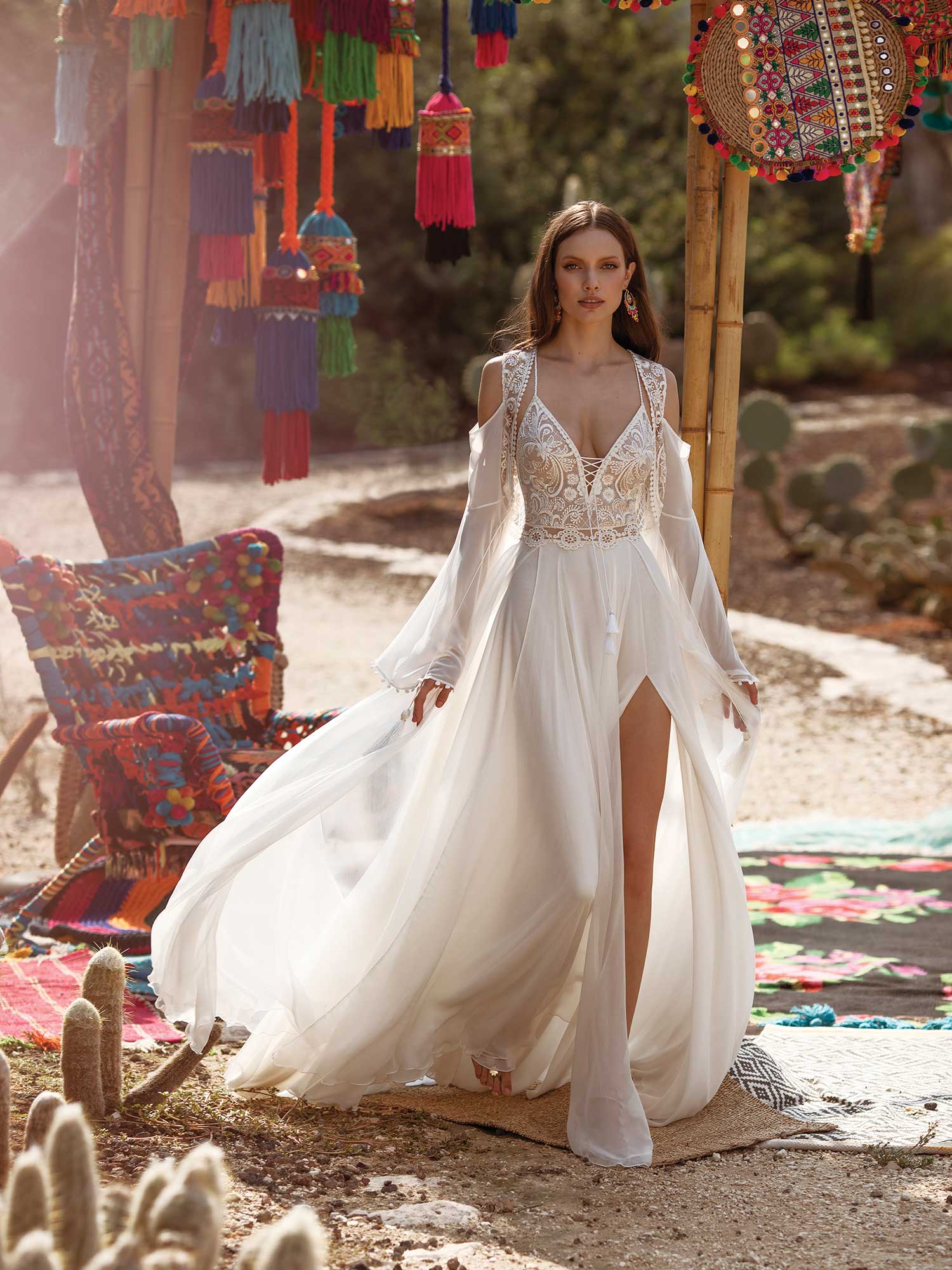 Asaf Dadush 2020 Split Wedding Dresses With Wrap Lace Appliqued Beach Spaghetti V Neck A Line Bridal Gowns Vestido De Novia