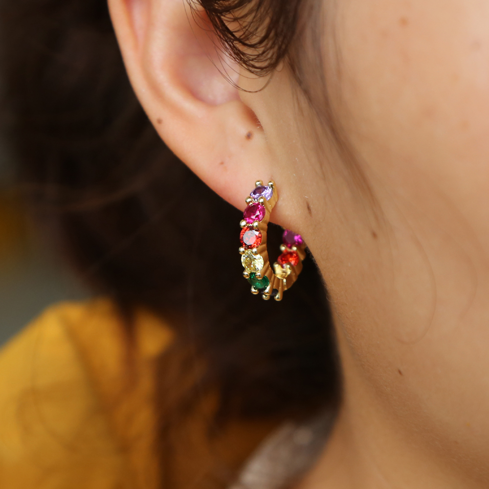 2019 new arrived medium hoop earring 20mm rainbow cubic zirconia cz hoops for women colorful multi color hot lady jewelry