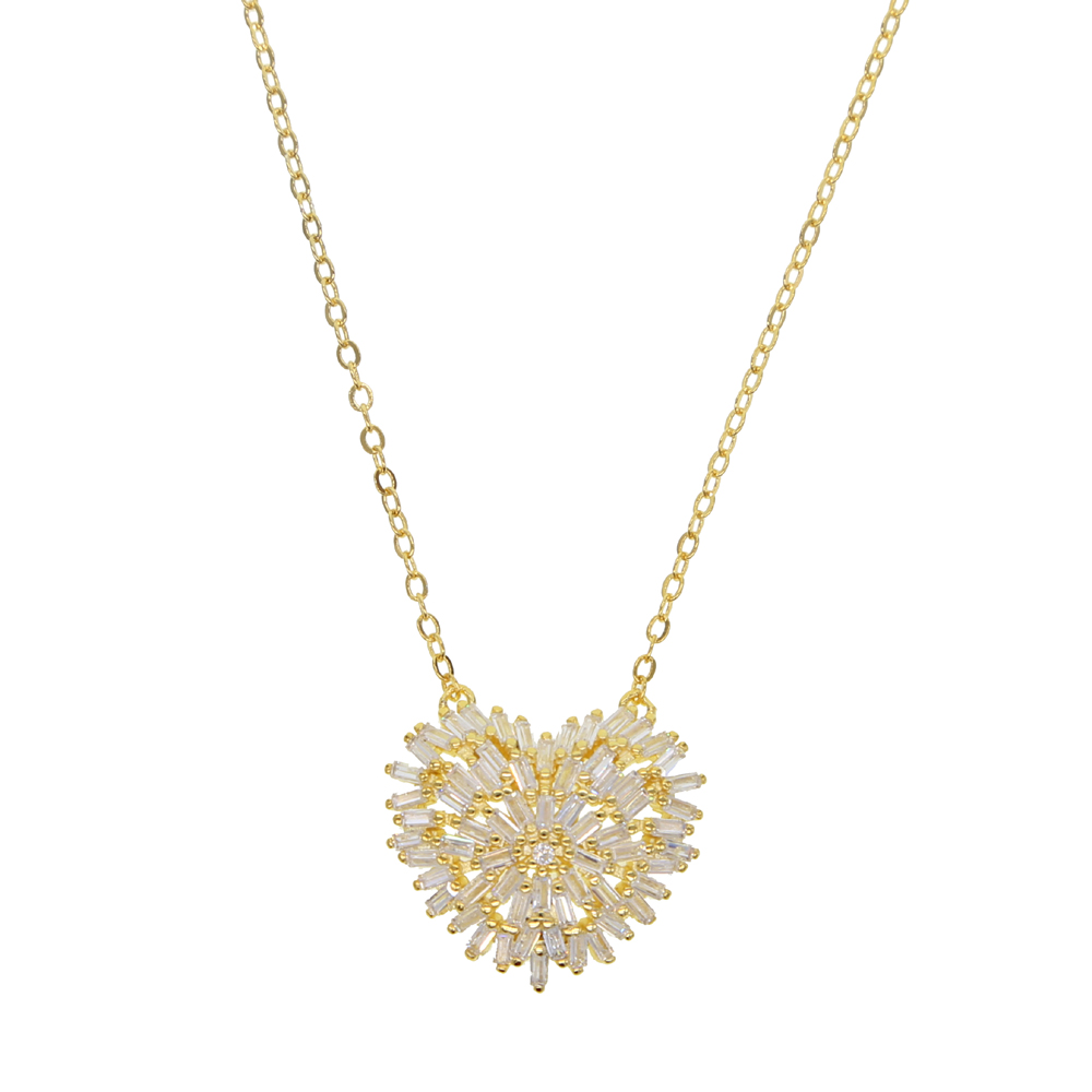 Baguette cz firework Heart pendant necklace for women gold silver high quality sparking bling cz collar