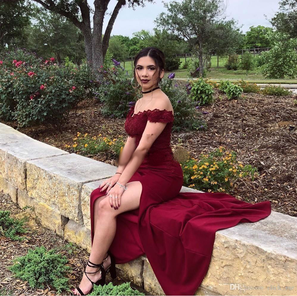 2019 Burgundy Mermaid Bridesmaid Dresses Thigh High Slits Off Shoulder Satin Evening Gowns Lace Applique Beaded Formal Prom Dresses