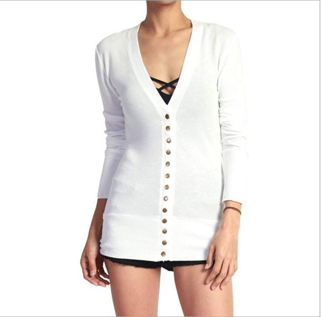 Women's Snap Button Cardigan Ladies Autumn Long Sleeve Black Elegant Open Slim Sweater Knit Coat