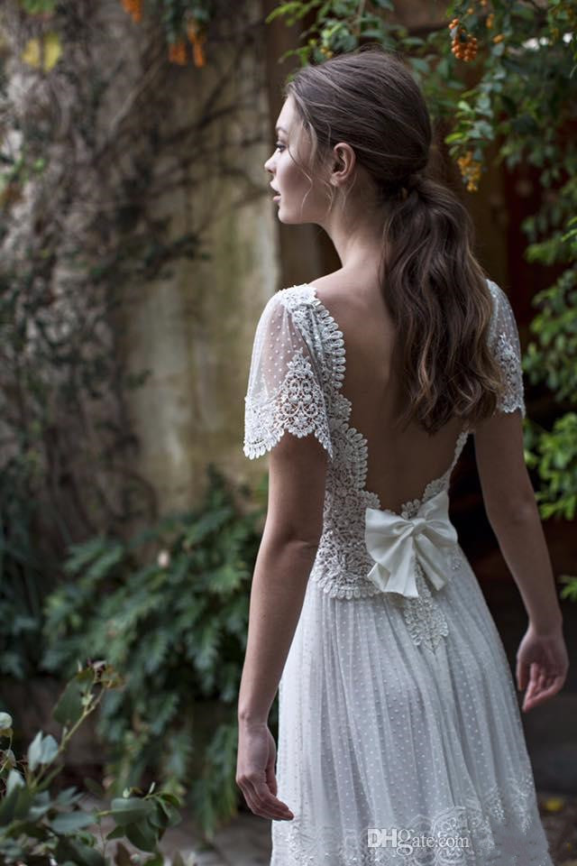 Asaf Dadush Dresses Bohemian V Neck Short Sleeve Lace Appliqued Wedding Dress A Line Beach Garden Bridal Gowns Robe De Mariee