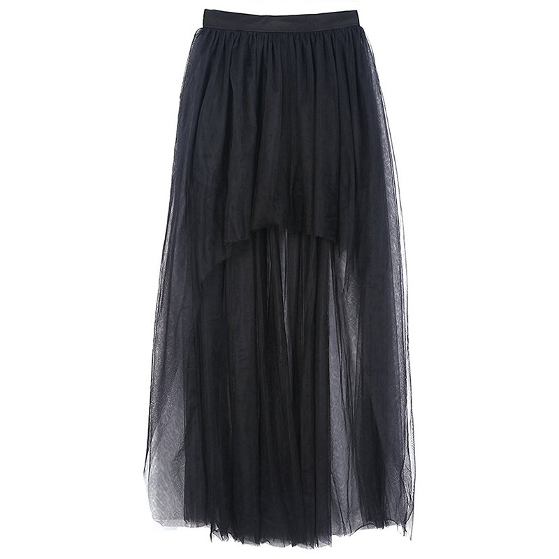 Women Mesh Hi-lo Tutu Skirt Casual Street Style High Waist Zipper Petticoat Plus Size S-3XL Long Irregular Black Trumpet Falda Jupe