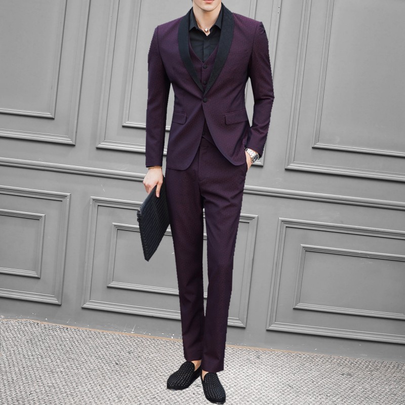 Handsome Three Pieces Groomsmen Suits Custom Made Modest Printed Pattern Slim Fit Mens Business Wedding Suits(Jacket+Vest+Pants)