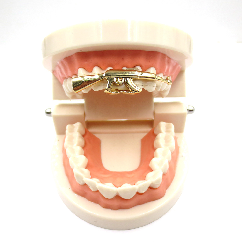 Gun Shape Teeth Grills Hip Hop Rapper Men Women Top Bottom Single TeethGrillz Tooth Clips Party Jewelry Gold Silver Color