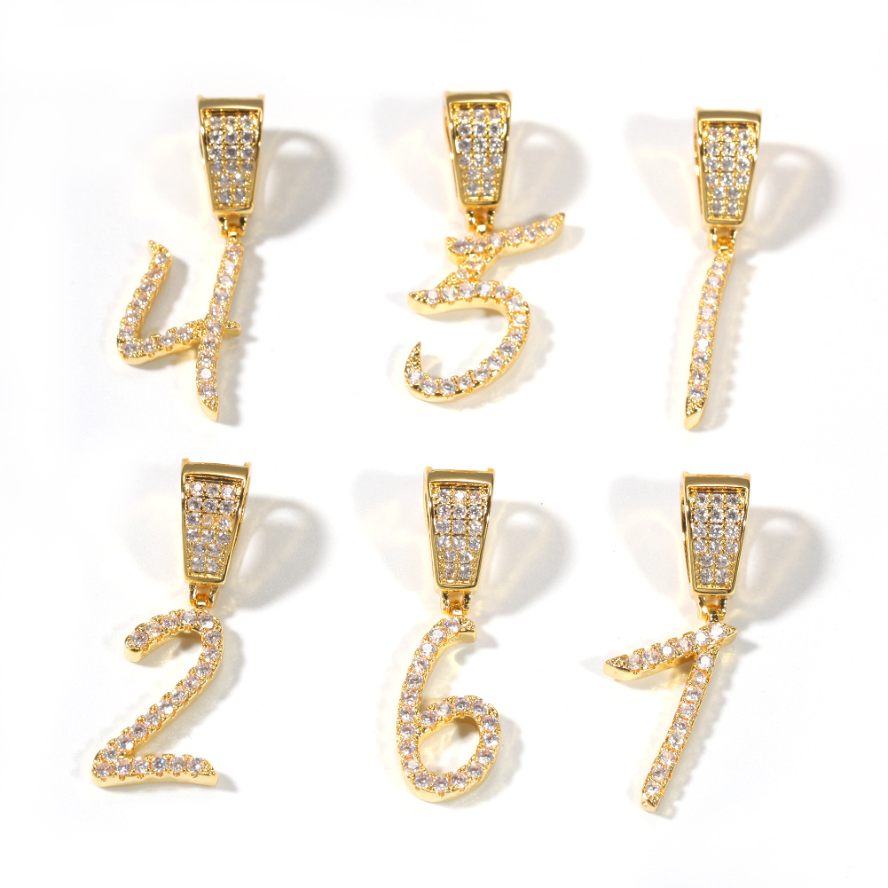 New Fashion personalized 18K Gold Bling Diamond Cursive 09 Digital Numbers Pendant Necklace Custom Sports Number DIY Jewelry for
