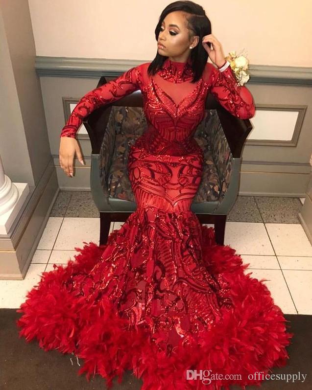 2019 Mermaid Prom Dresses High Neck Lace Sequins Feather Long Sleeve Evening Gowns Custom Made Luxury Quinceanera Dresses