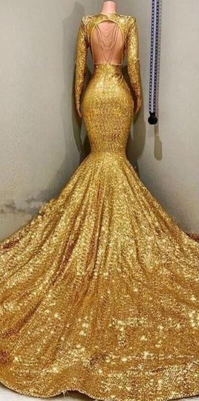 Luxury Gold Sequined Prom Dresses Long Sleeve Deep V Neck Backless Mermaid Evening Gowns Beaded Tassels Cocktail Party Dresses