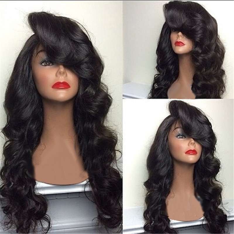 Celebrity style simulation human hair body wave Wig with side bangs long Natural black Synthetic wigs for black women
