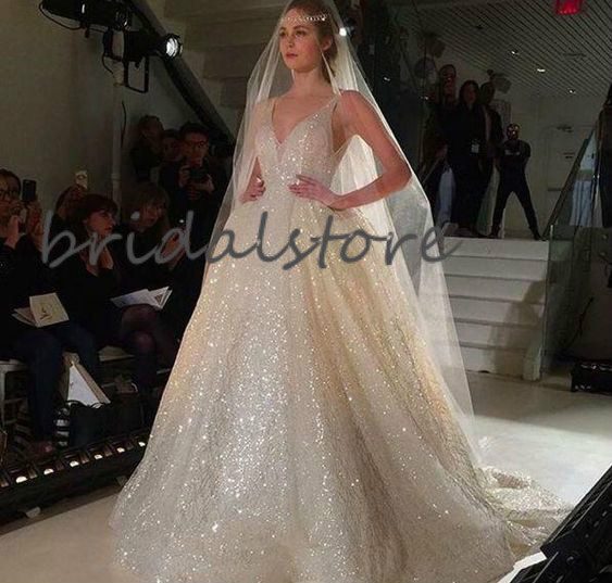 Sparkle Shiny Sequin Wedding Dresses Sexy V Neck Backless Church Wedding Gowns Bling Party Show Bridal Gowns Sleeveless Boho Wedding Dresss