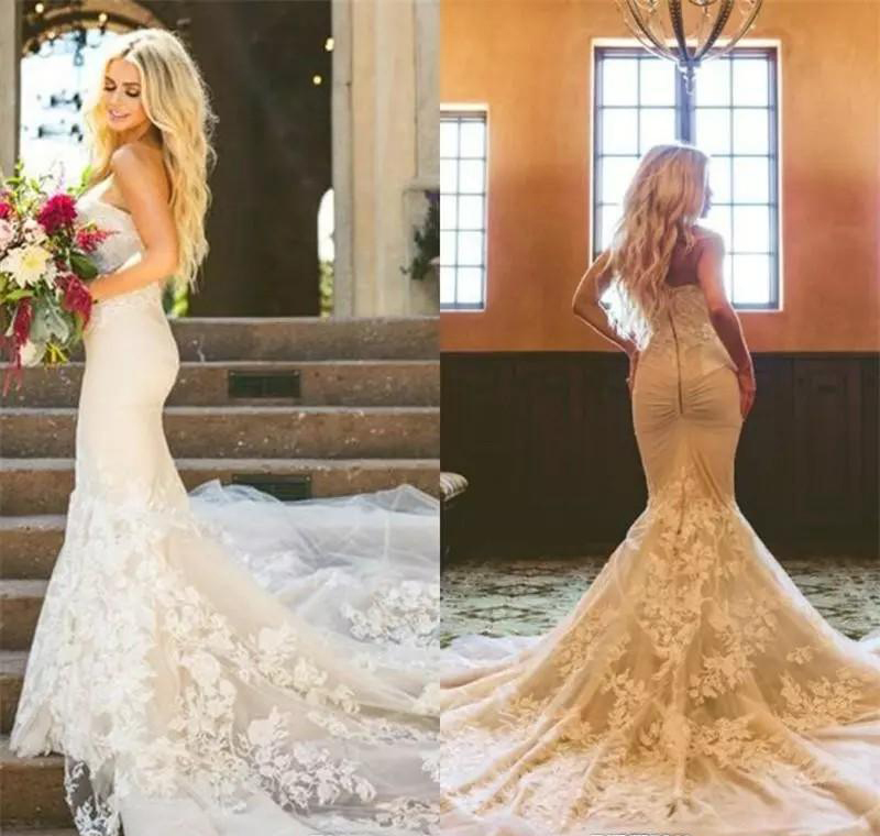 Elegant Mermaid Long Wedding Dresses 2019 New Arrival Sweetheart Lace Garden Country Church Bride Bridal Gowns Custom Made Plus Size