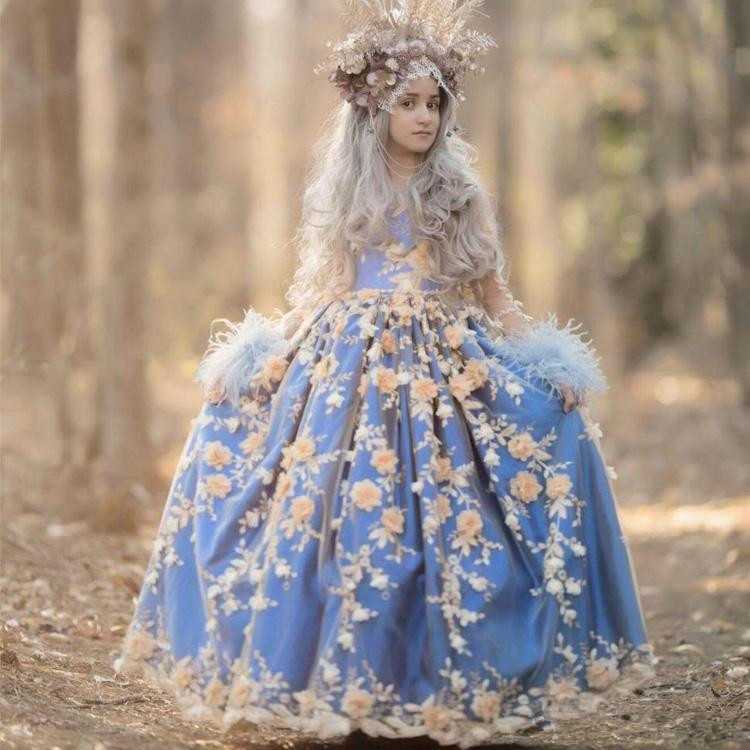 Vintage Girls Pageant Dresses 2020 Jewel Neck 3D Floral Appliqued Princess Kids Formal Wear Feather Long Sleeve Party Birthday Gowns